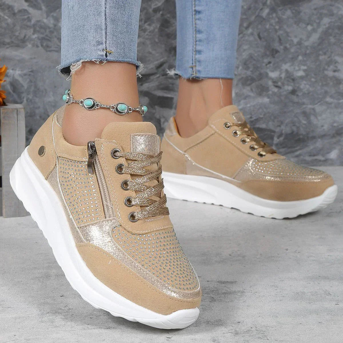 Manon - Chaussures Orthopédiques Femme Tendance avec Strass et Fermeture Zippée