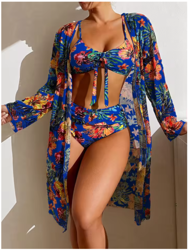 Manon - Ensemble Maillot de Bain Femme Trois Pièces Tendance avec Kimono Fleuri