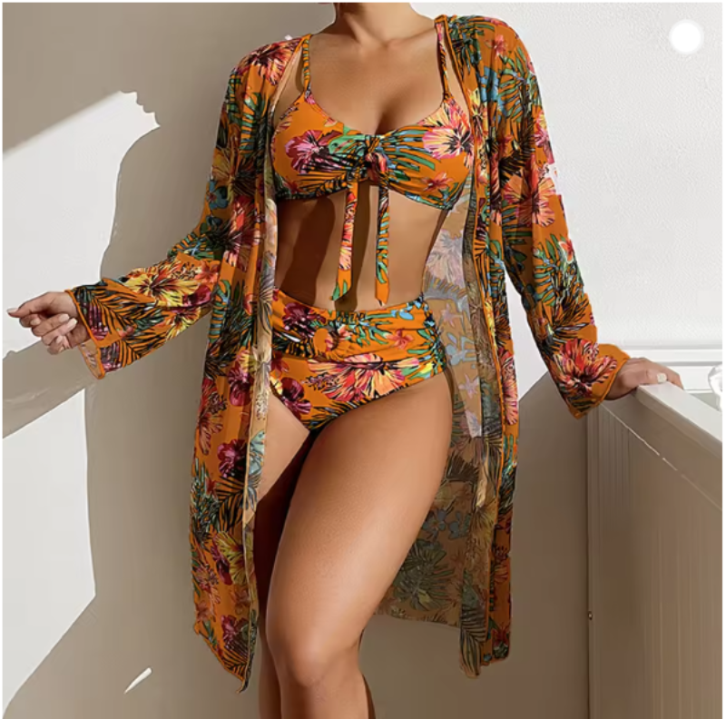 Manon - Ensemble Maillot de Bain Femme Trois Pièces Tendance avec Kimono Fleuri