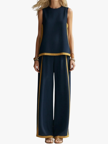 Manon - Ensemble en Lin Femme Tendance avec Liserés Contrastants et Pantalon Large