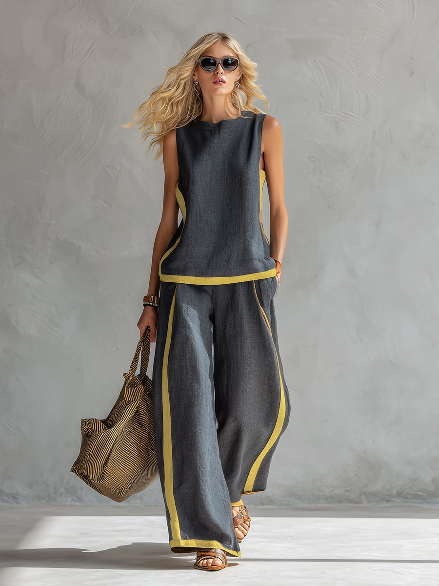 Manon - Ensemble en Lin Femme Tendance avec Liserés Contrastants et Pantalon Large