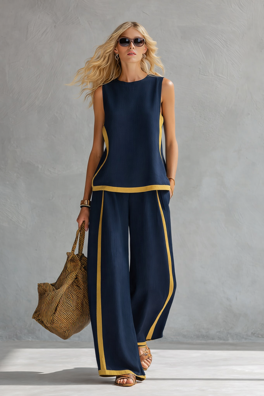 Manon - Ensemble en Lin Femme Tendance avec Liserés Contrastants et Pantalon Large