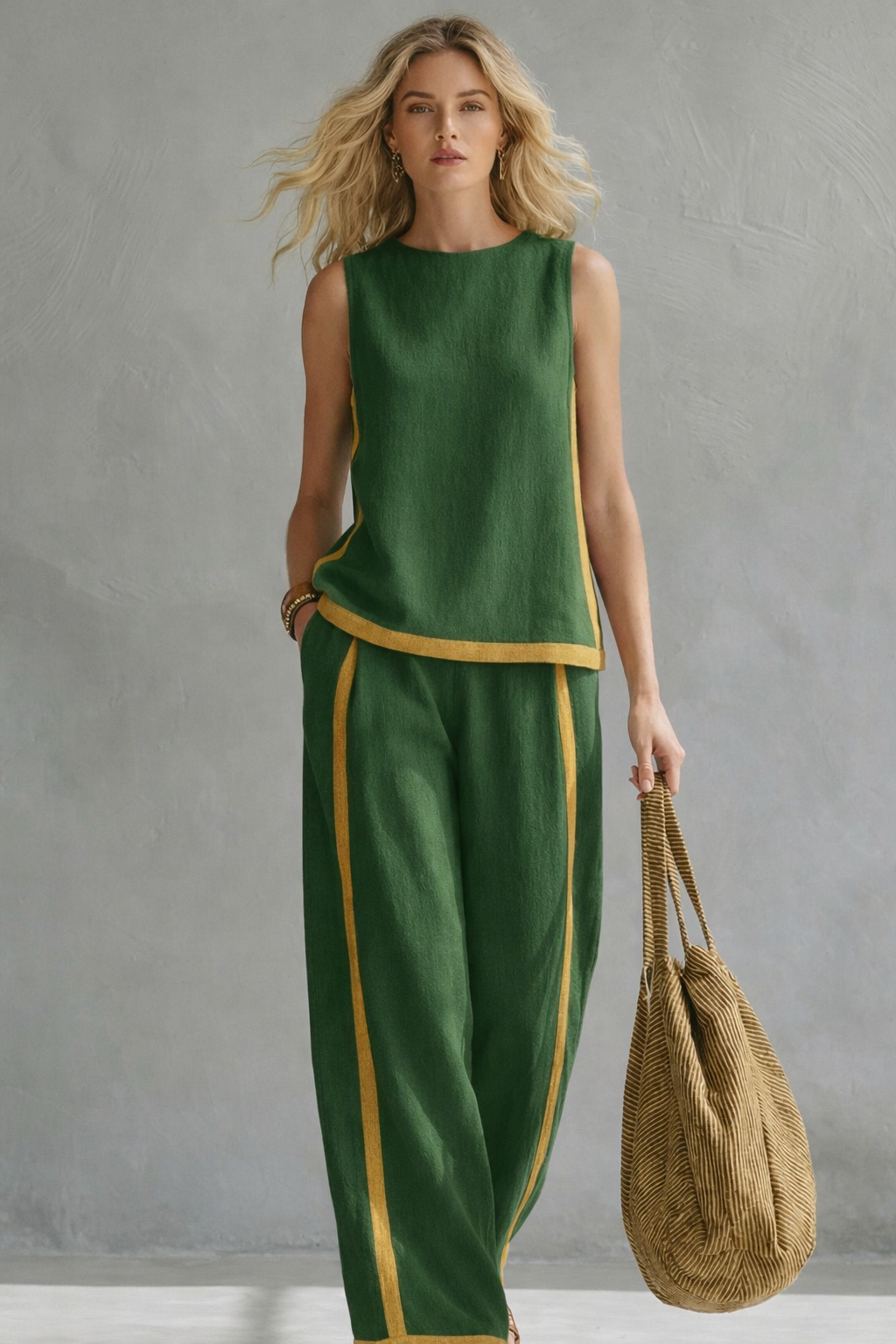 Manon - Ensemble en Lin Femme Tendance avec Liserés Contrastants et Pantalon Large