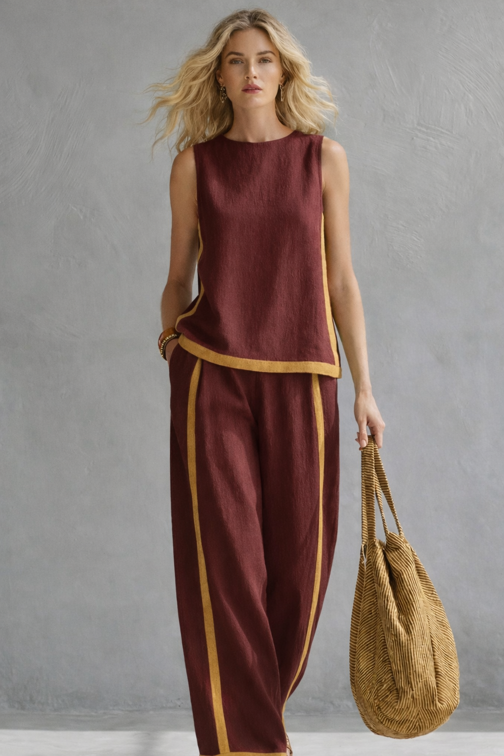 Manon - Ensemble en Lin Femme Tendance avec Liserés Contrastants et Pantalon Large