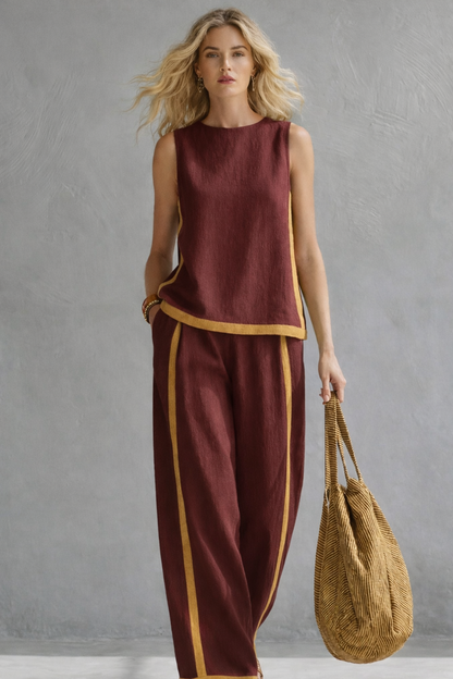 Manon - Ensemble en Lin Femme Tendance avec Liserés Contrastants et Pantalon Large