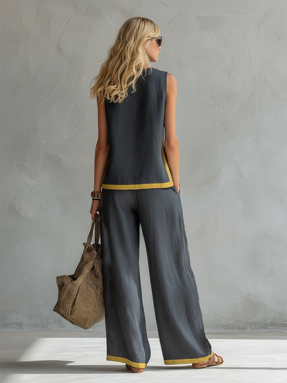Manon - Ensemble en Lin Femme Tendance avec Liserés Contrastants et Pantalon Large