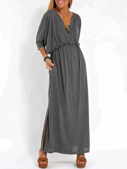 Manon - Robe Invitée Mariage Femme Bohème Longue Fluide à Col V et Fente Latérale