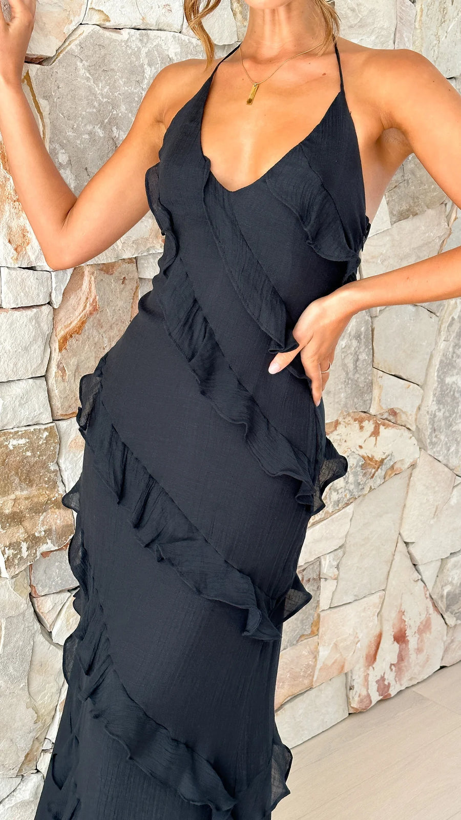Manon - Robe Invitée Mariage Femme Élégante à Volants en Cascade et Bretelles Fines