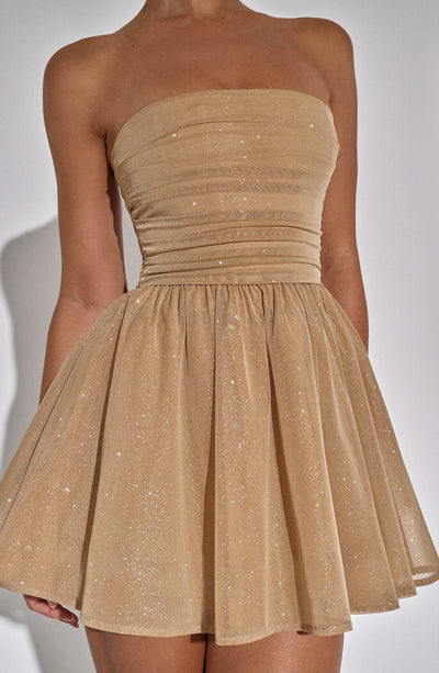 Manon - Robe Invitée Mariage Femme sans Bretelles à Jupe Évasée et Paillettes Glamour
