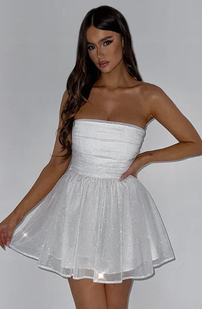 Manon - Robe Invitée Mariage Femme sans Bretelles à Jupe Évasée et Paillettes Glamour