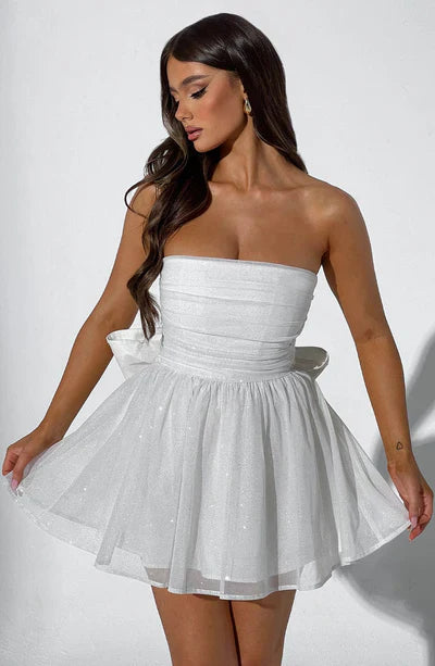 Manon - Robe Invitée Mariage Femme sans Bretelles à Jupe Évasée et Paillettes Glamour