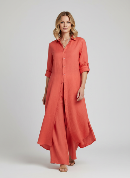 Margaux - Ensemble en Lin Femme Chic avec Robe Chemise Longue et Pantalon Assorti