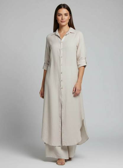 Margaux - Ensemble en Lin Femme Chic avec Robe Chemise Longue et Pantalon Assorti