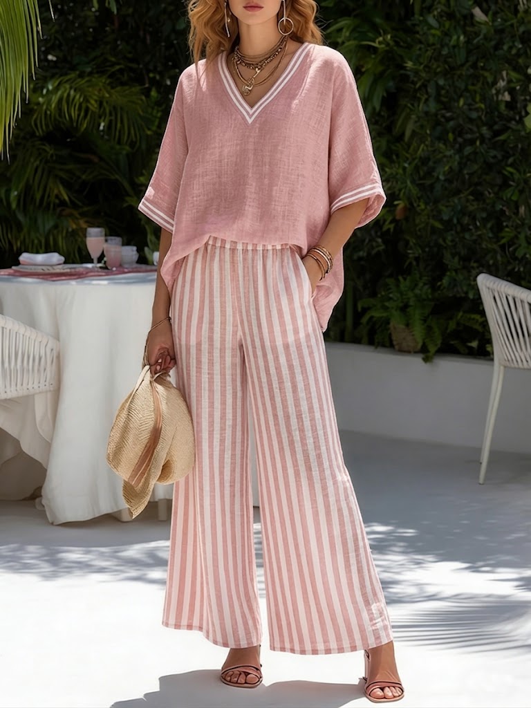 Margaux - Ensemble en Lin Tendance Femme avec Top Col en V Oversize et Pantalon Rayé Large