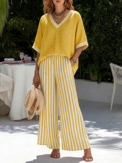 Margaux - Ensemble en Lin Tendance Femme avec Top Col en V Oversize et Pantalon Rayé Large
