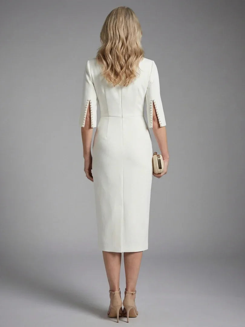 Margaux - Robe Invitée Mariage Femme Chic Midi avec Manches Évasées et Perles