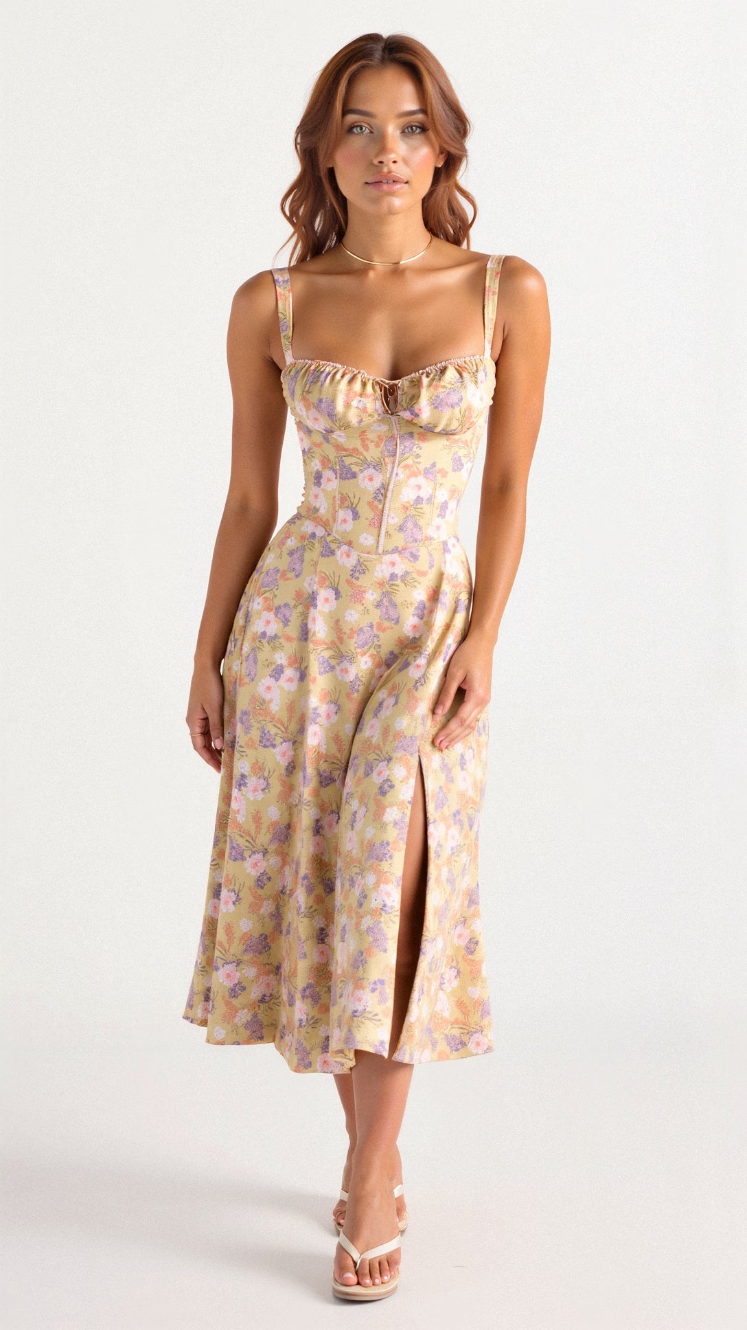 Margaux - Robe Invitée Mariage Femme Romantique Bustier Fleuri avec Fente Midi
