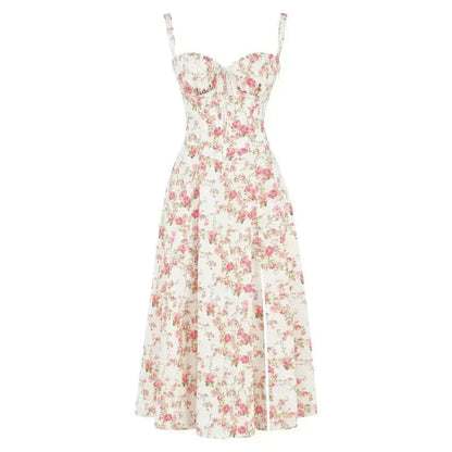 Margaux - Robe Invitée Mariage Femme Romantique Bustier Fleuri avec Fente Midi