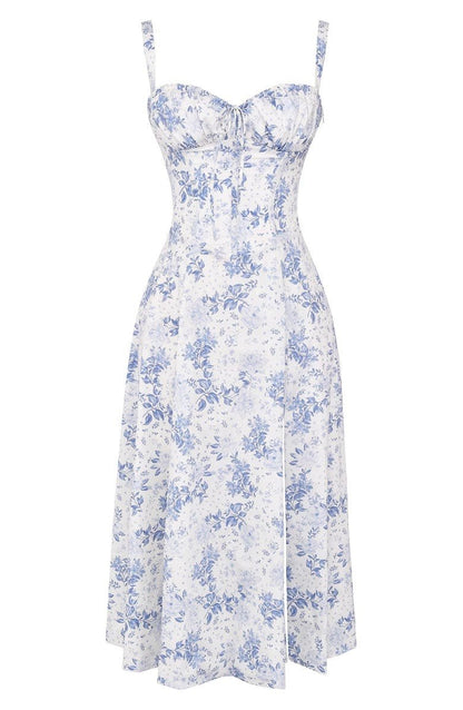 Margaux - Robe Invitée Mariage Femme Romantique Bustier Fleuri avec Fente Midi