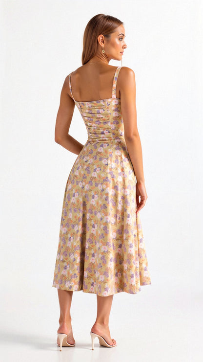 Margaux - Robe Invitée Mariage Femme Romantique Bustier Fleuri avec Fente Midi