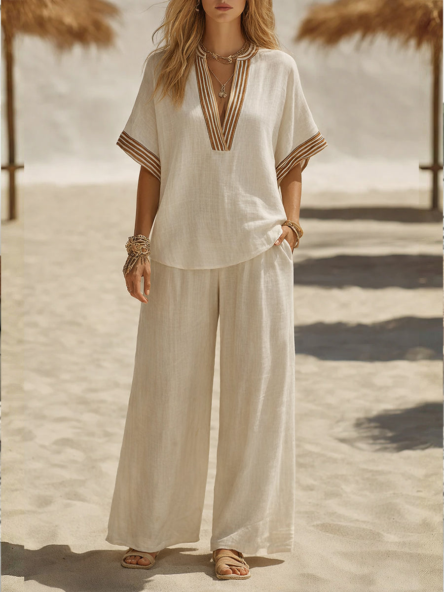 Marion - Ensemble en Lin Bohème Femme avec Top Col en V Brodé et Pantalon Large Fluide