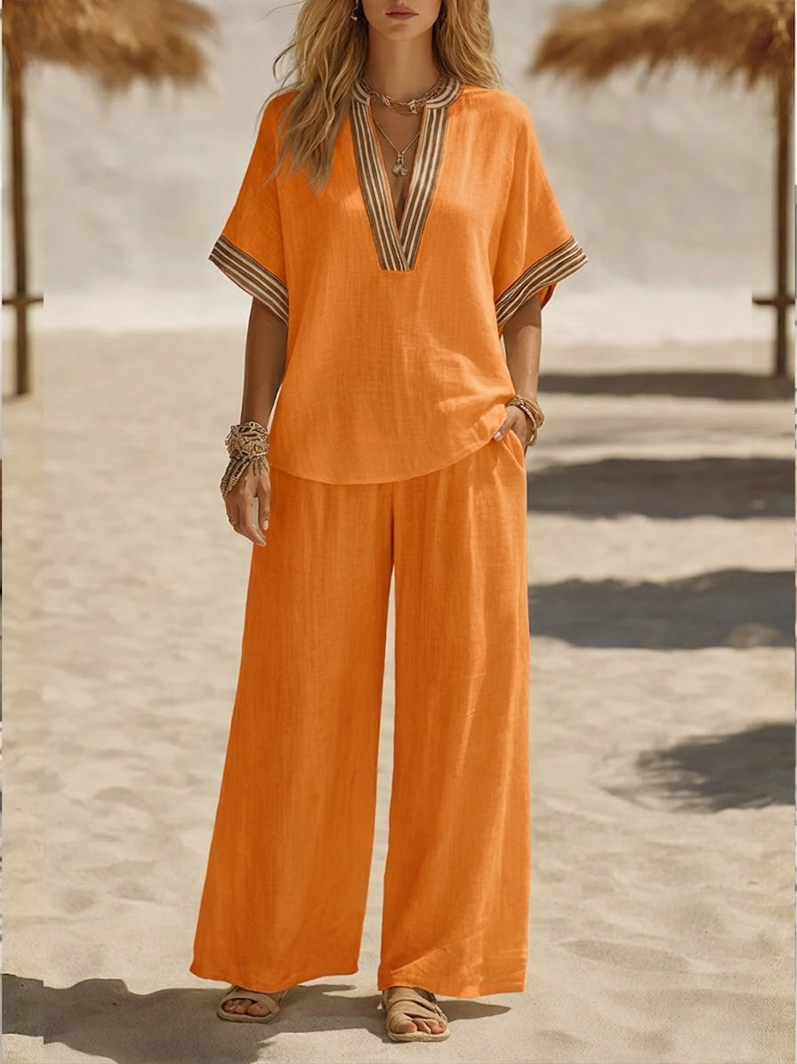 Marion - Ensemble en Lin Bohème Femme avec Top Col en V Brodé et Pantalon Large Fluide