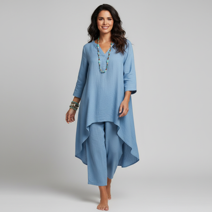 Marion - Ensemble en Lin Femme Bohème avec Tunique Asymétrique et Pantalon Assorti