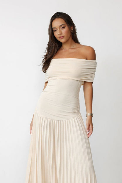 Marion - Robe Mariage Invitée Femme Élégante Longue Épaules Dénudées avec Jupe Plissée