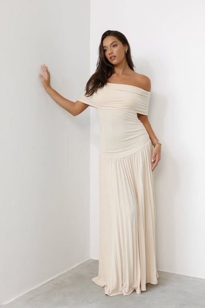Marion - Robe Mariage Invitée Femme Élégante Longue Épaules Dénudées avec Jupe Plissée