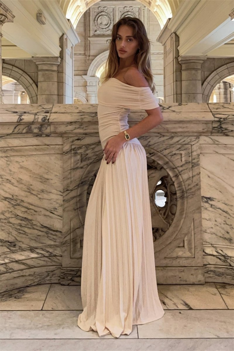 Marion - Robe Mariage Invitée Femme Élégante Longue Épaules Dénudées avec Jupe Plissée