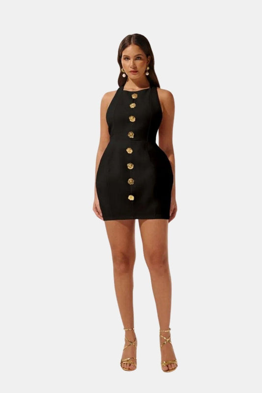 Marion - Robe dos nu Femme Moulante avec Col Halter et Boutons Dorés