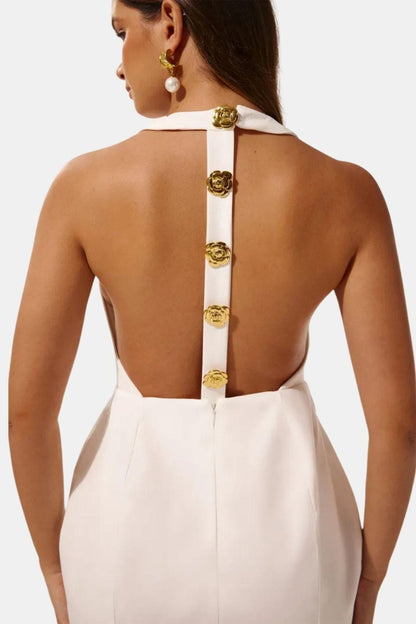 Marion - Robe dos nu Femme Moulante avec Col Halter et Boutons Dorés