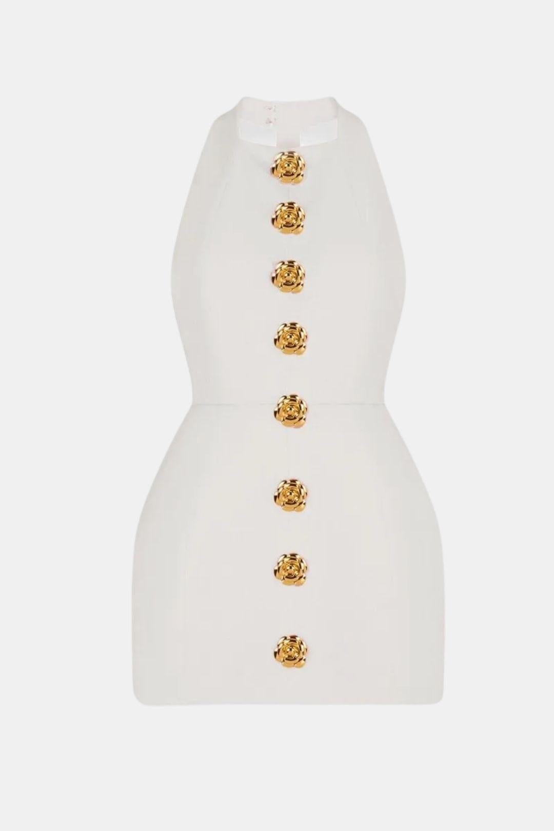 Marion - Robe dos nu Femme Moulante avec Col Halter et Boutons Dorés