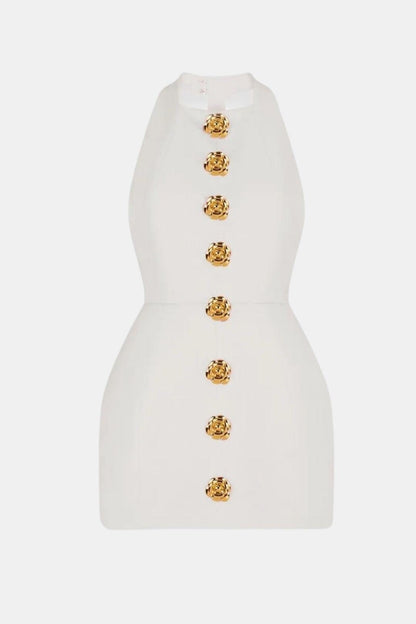 Marion - Robe dos nu Femme Moulante avec Col Halter et Boutons Dorés