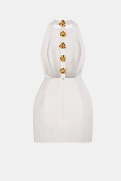 Marion - Robe dos nu Femme Moulante avec Col Halter et Boutons Dorés