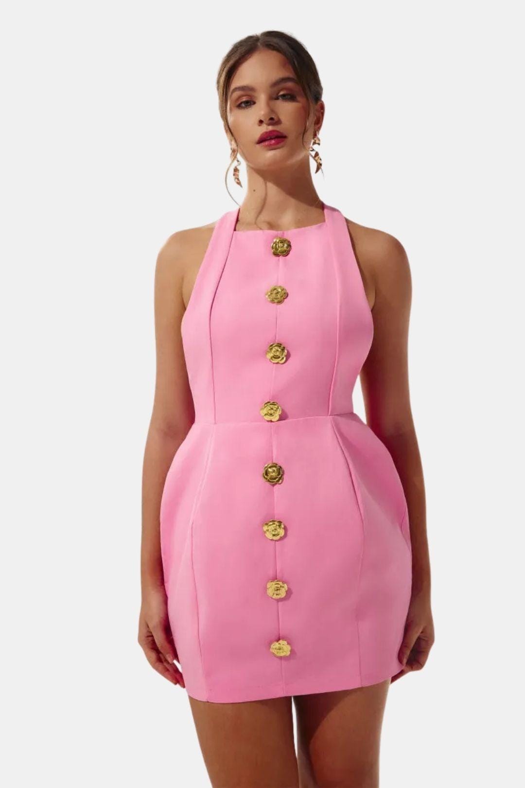 Marion - Robe dos nu Femme Moulante avec Col Halter et Boutons Dorés