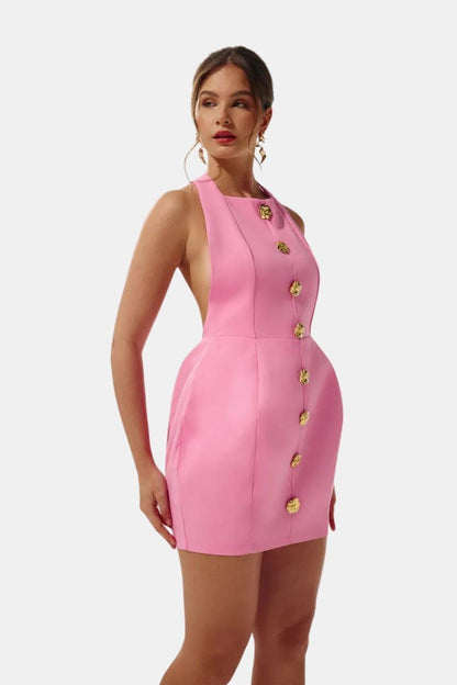 Marion - Robe dos nu Femme Moulante avec Col Halter et Boutons Dorés