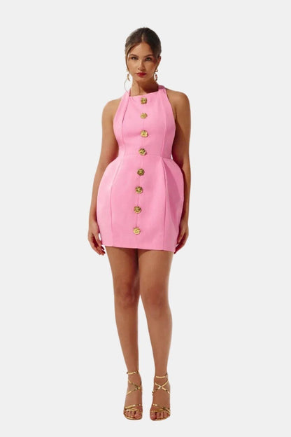 Marion - Robe dos nu Femme Moulante avec Col Halter et Boutons Dorés
