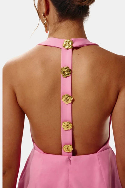 Marion - Robe dos nu Femme Moulante avec Col Halter et Boutons Dorés