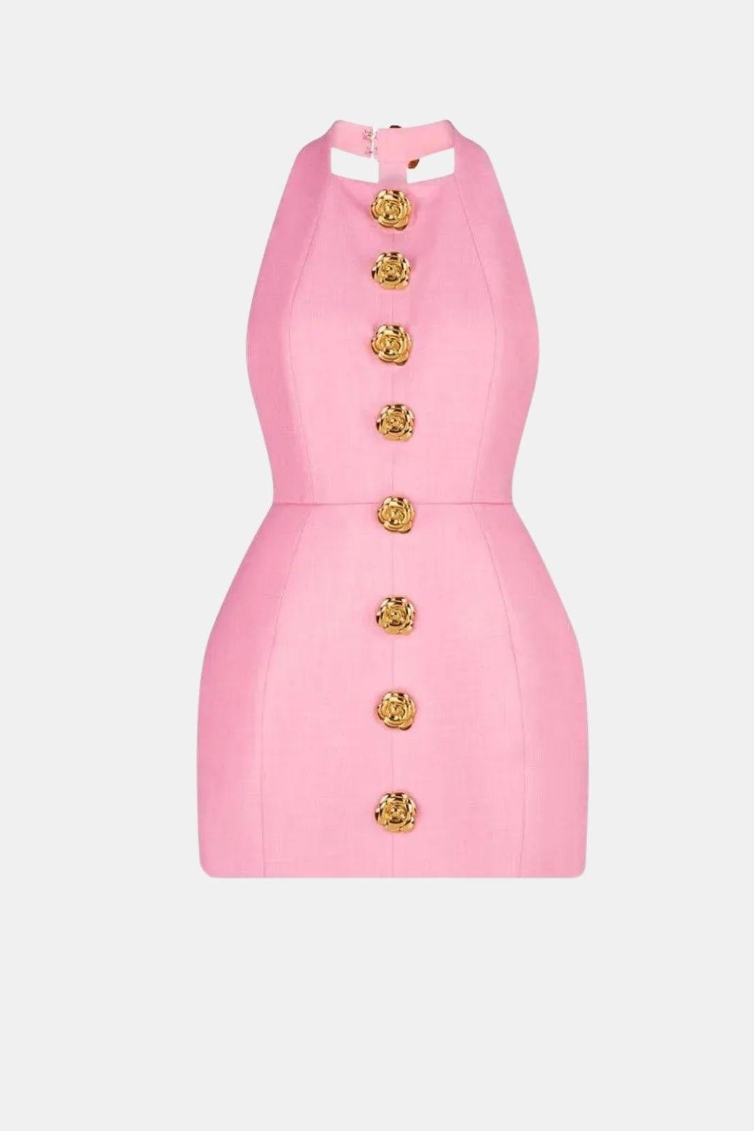 Marion - Robe dos nu Femme Moulante avec Col Halter et Boutons Dorés