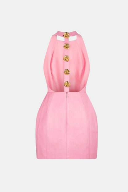 Marion - Robe dos nu Femme Moulante avec Col Halter et Boutons Dorés