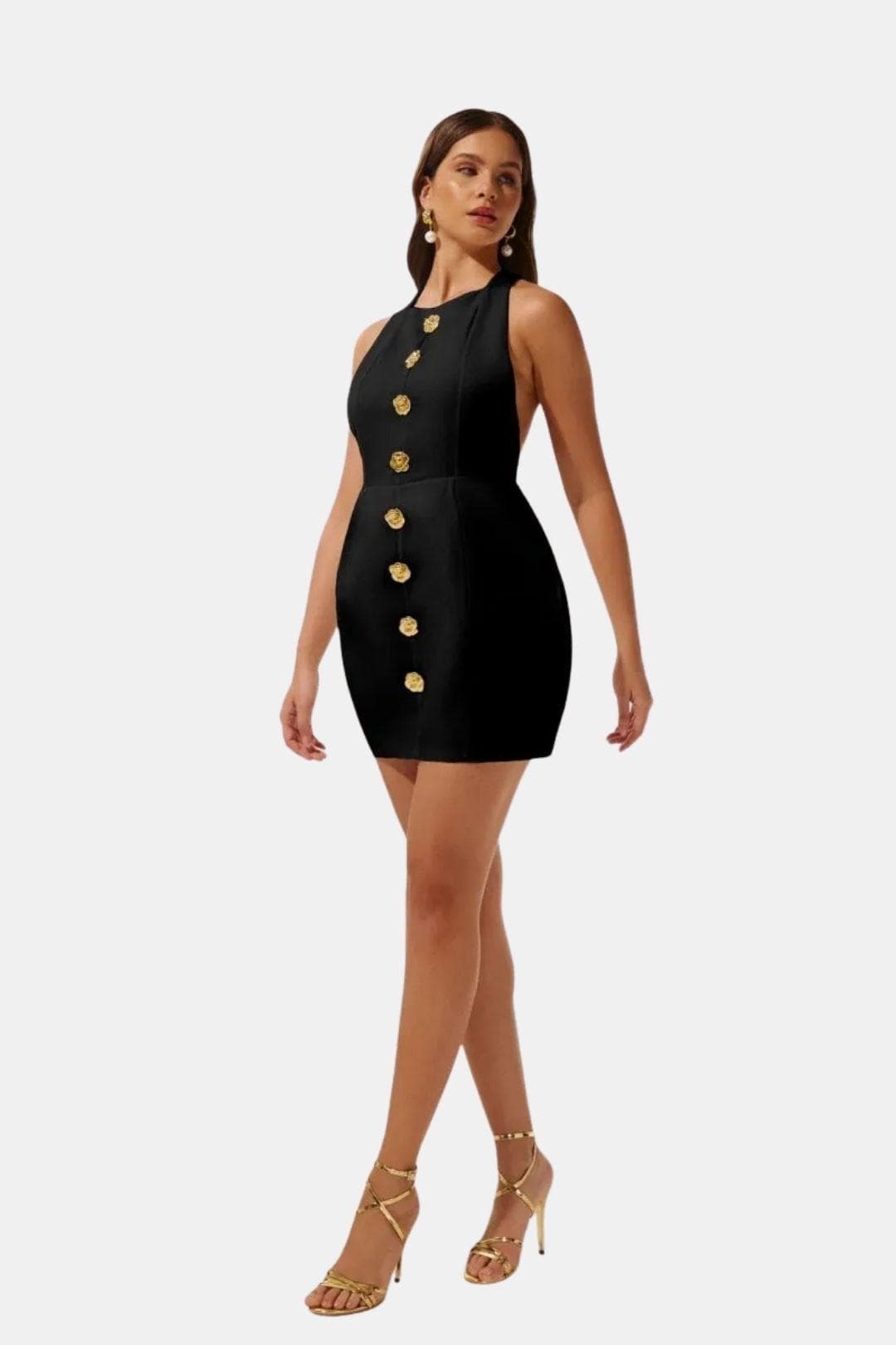 Marion - Robe dos nu Femme Moulante avec Col Halter et Boutons Dorés