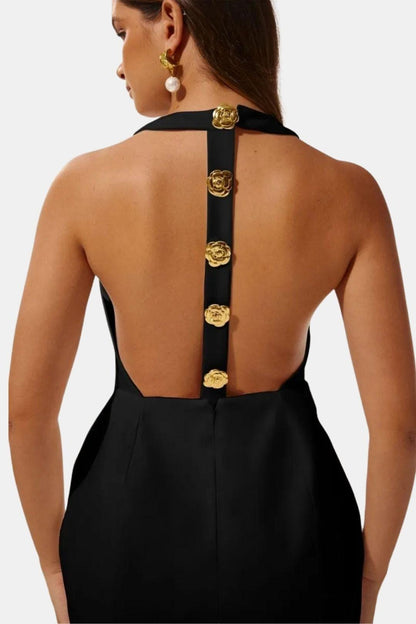 Marion - Robe dos nu Femme Moulante avec Col Halter et Boutons Dorés