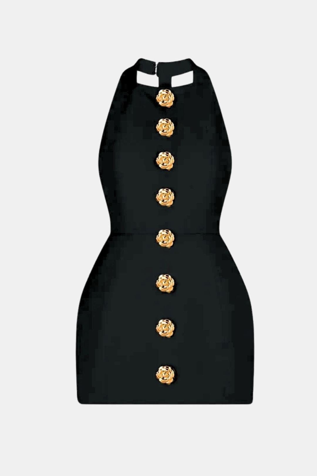 Marion - Robe dos nu Femme Moulante avec Col Halter et Boutons Dorés