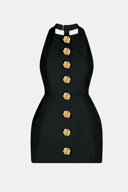 Marion - Robe dos nu Femme Moulante avec Col Halter et Boutons Dorés