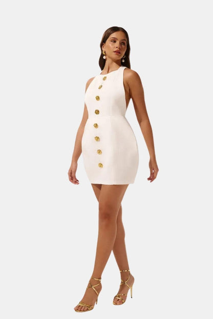 Marion - Robe dos nu Femme Moulante avec Col Halter et Boutons Dorés