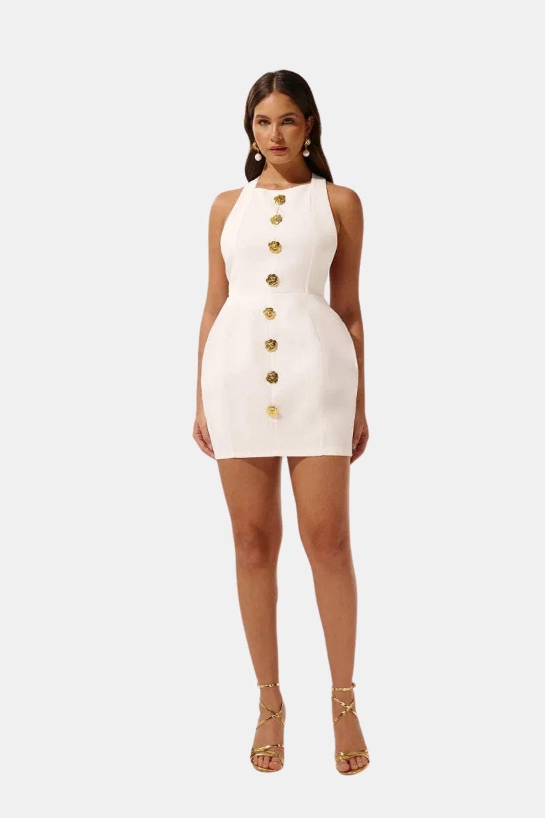 Marion - Robe dos nu Femme Moulante avec Col Halter et Boutons Dorés