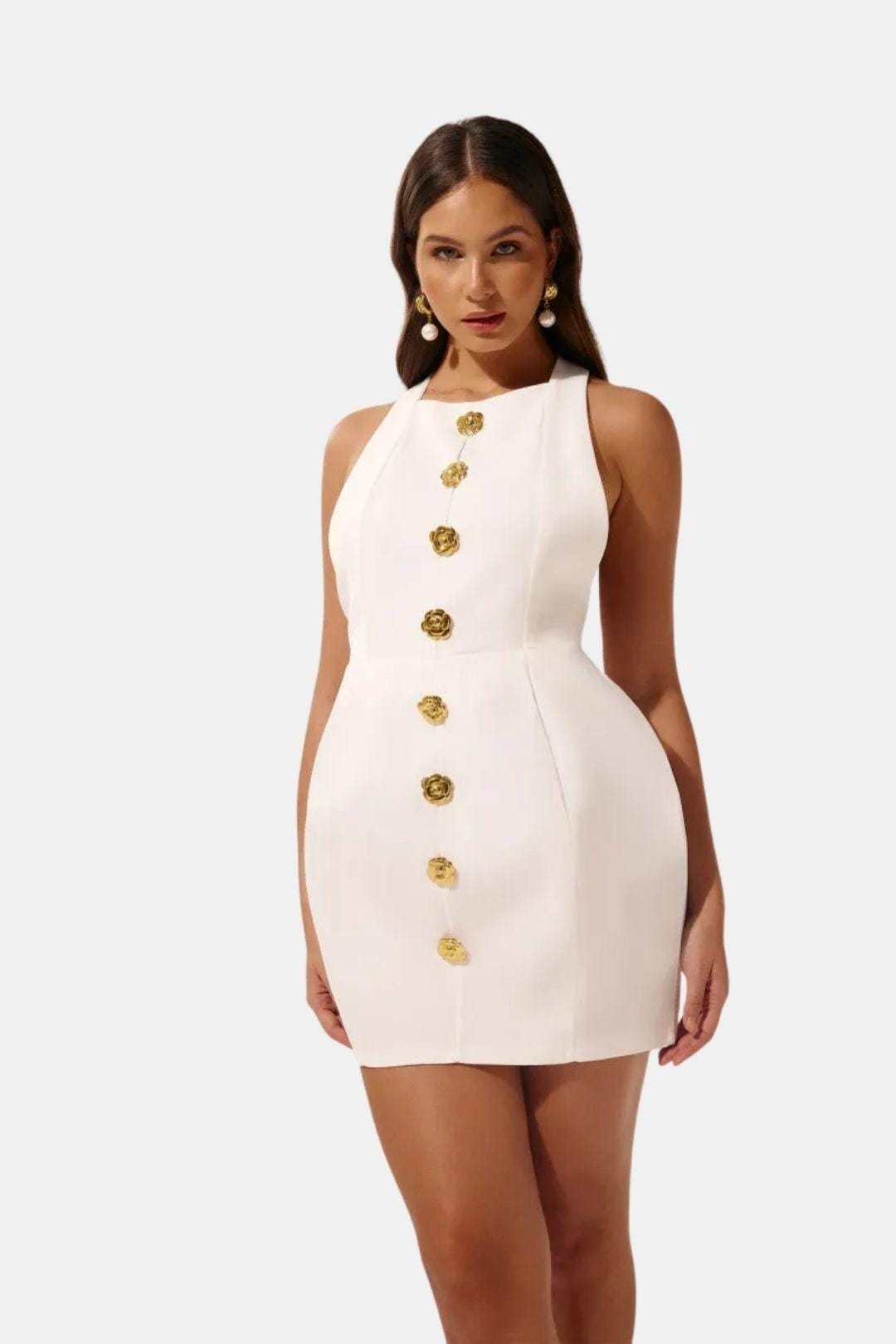 Marion - Robe dos nu Femme Moulante avec Col Halter et Boutons Dorés