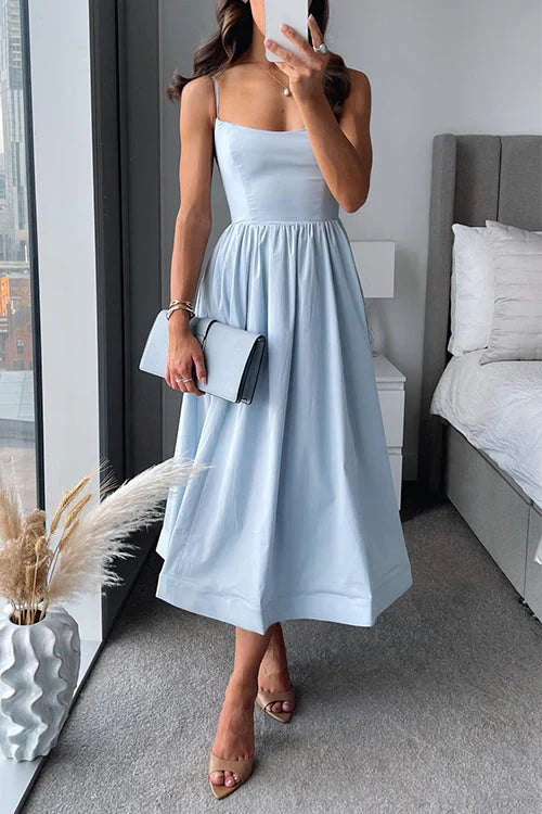 Mathilde - Robe Invitée Mariage Femme Midi à Bretelles Fines Jupe Évasée et Taille Froncée Chic