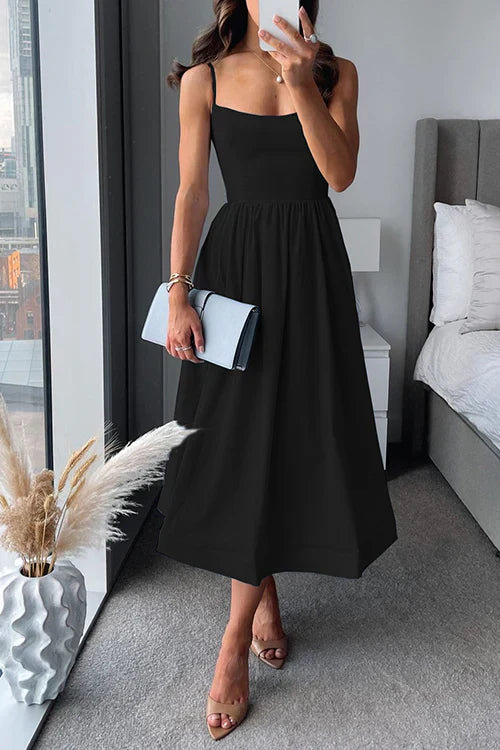 Mathilde - Robe Invitée Mariage Femme Midi à Bretelles Fines Jupe Évasée et Taille Froncée Chic